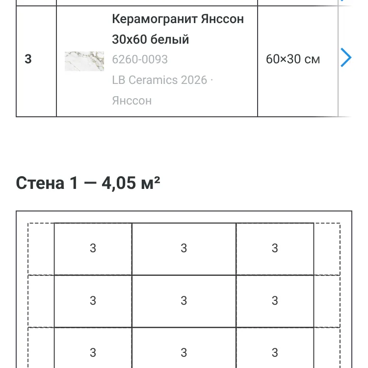 Сводная таблица плитки и схема раскладки стены