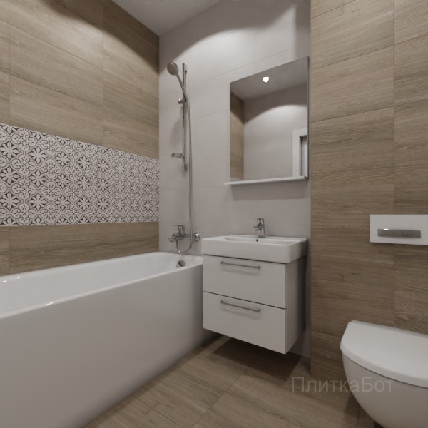 LB Ceramics 2026, Винтаж Вуд, Два декора над ванной, контраст у инсталляции №38