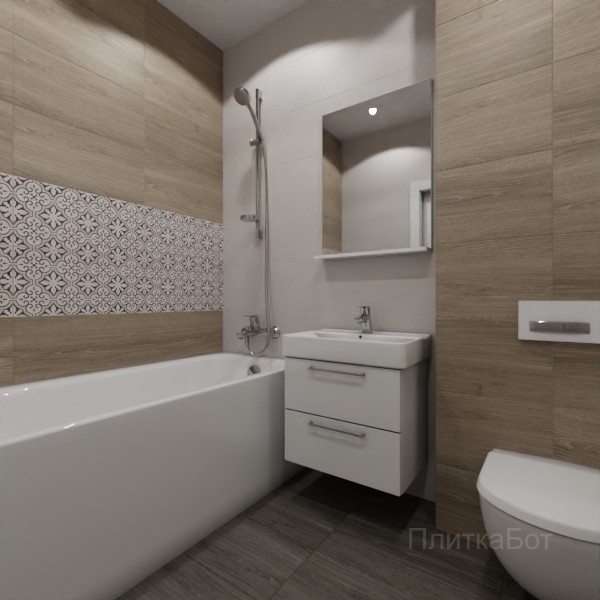 LB Ceramics 2026, Винтаж Вуд, Два декора над ванной, контраст у инсталляции №39