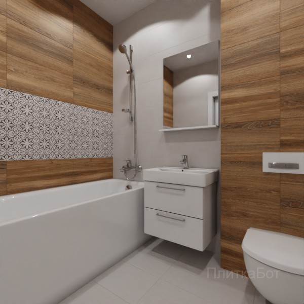 LB Ceramics 2026, Винтаж Вуд, Два декора над ванной, контраст у инсталляции №49
