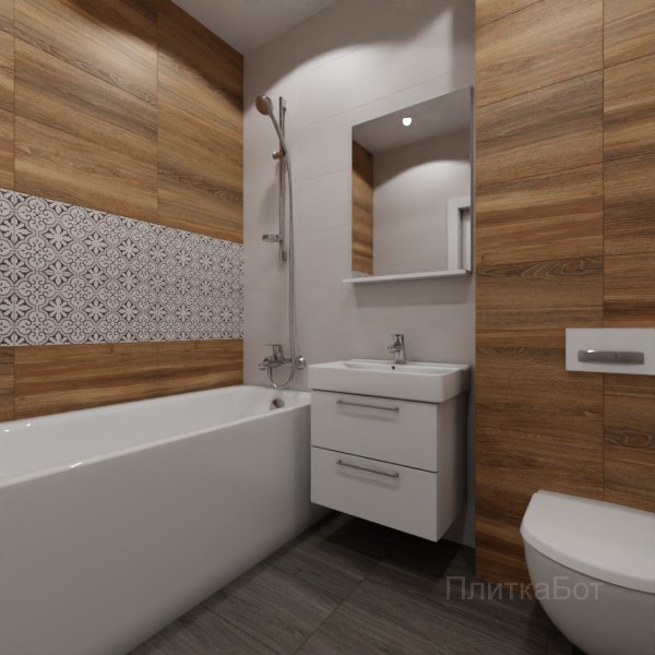 LB Ceramics 2026, Винтаж Вуд, Два декора над ванной, контраст у инсталляции №51