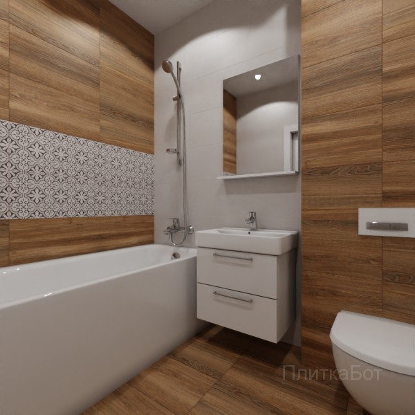LB Ceramics 2026, Винтаж Вуд, Два декора над ванной, контраст у инсталляции №52