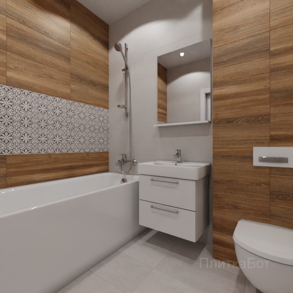LB Ceramics 2026, Винтаж Вуд, Два декора над ванной, контраст у инсталляции №53