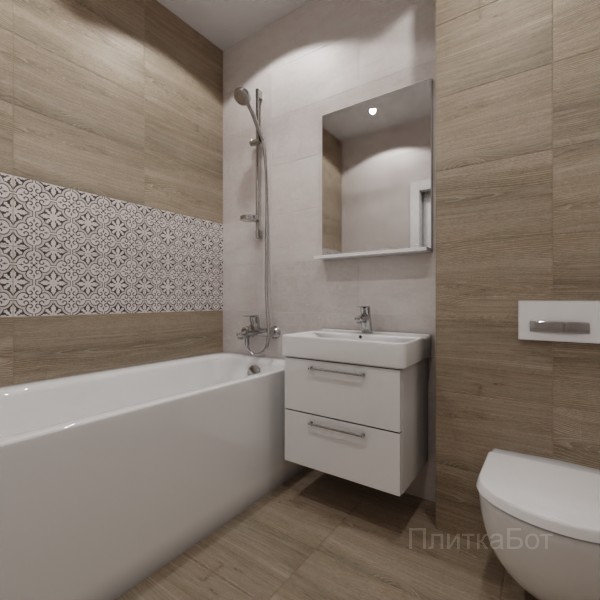 LB Ceramics 2026, Винтаж Вуд, Два декора над ванной, контраст у инсталляции №92
