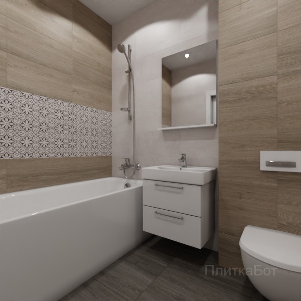 LB Ceramics 2026, Винтаж Вуд, Два декора над ванной, контраст у инсталляции №93