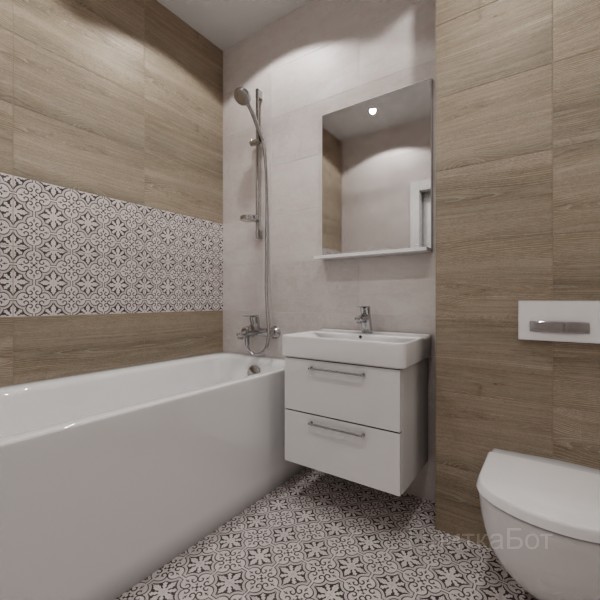 LB Ceramics 2026, Винтаж Вуд, Два декора над ванной, контраст у инсталляции №96