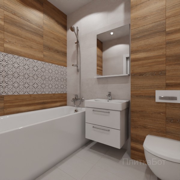 LB Ceramics 2026, Винтаж Вуд, Два декора над ванной, контраст у инсталляции №103