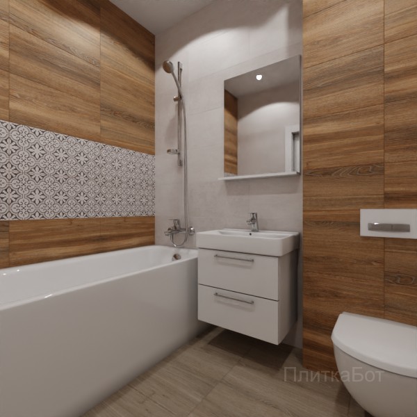 LB Ceramics 2026, Винтаж Вуд, Два декора над ванной, контраст у инсталляции №104