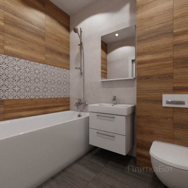 LB Ceramics 2026, Винтаж Вуд, Два декора над ванной, контраст у инсталляции №105