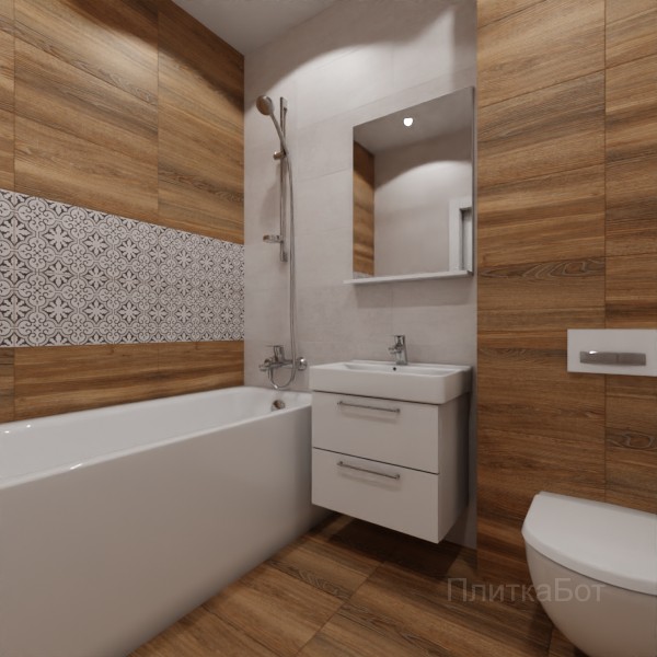 LB Ceramics 2026, Винтаж Вуд, Два декора над ванной, контраст у инсталляции №106