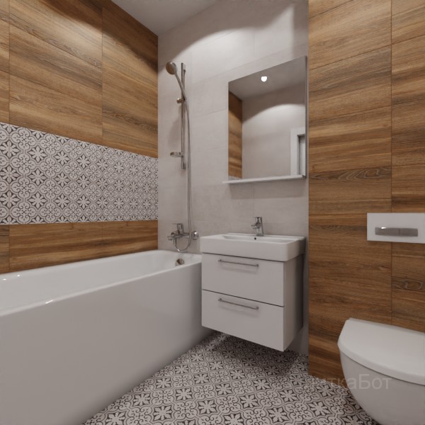 LB Ceramics 2026, Винтаж Вуд, Два декора над ванной, контраст у инсталляции №108