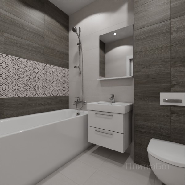 LB Ceramics 2026, Винтаж Вуд, Два декора над ванной, контраст у инсталляции №43
