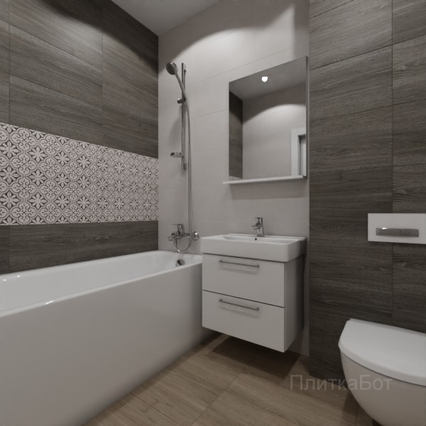 LB Ceramics 2026, Винтаж Вуд, Два декора над ванной, контраст у инсталляции №44