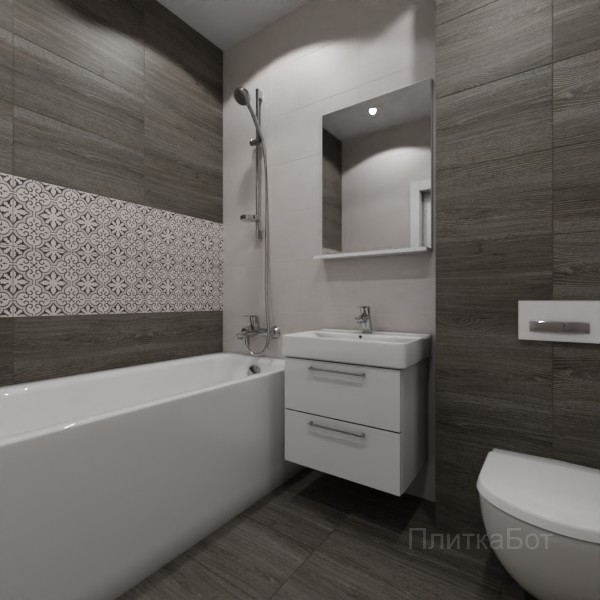 LB Ceramics 2026, Винтаж Вуд, Два декора над ванной, контраст у инсталляции №45