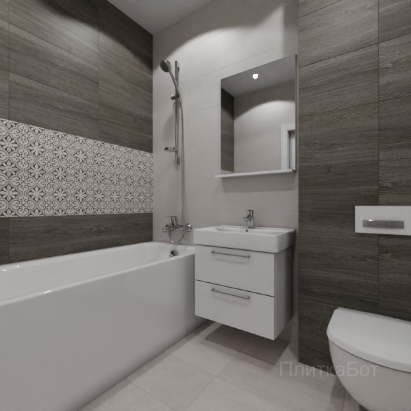 LB Ceramics 2026, Винтаж Вуд, Два декора над ванной, контраст у инсталляции №47