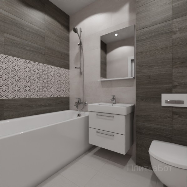LB Ceramics 2026, Винтаж Вуд, Два декора над ванной, контраст у инсталляции №97