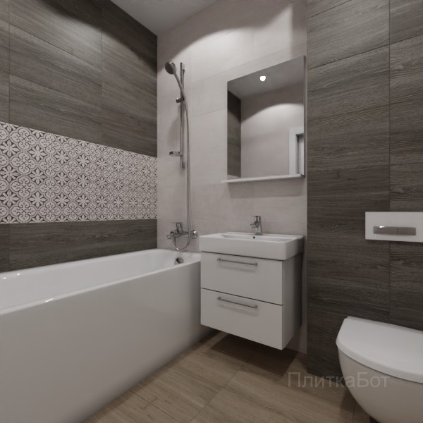 LB Ceramics 2026, Винтаж Вуд, Два декора над ванной, контраст у инсталляции №98