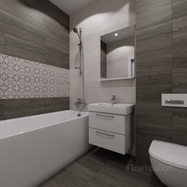 LB Ceramics 2026, Винтаж Вуд, Два декора над ванной, контраст у инсталляции №99